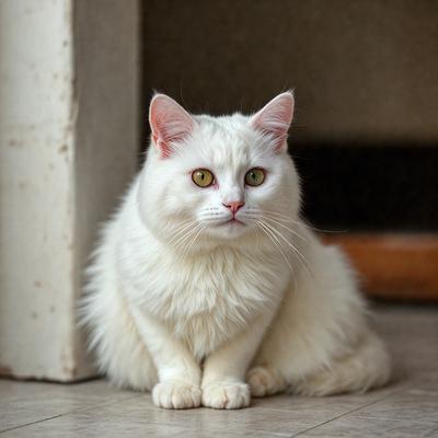 The primary subject of the image is a white cat sitting on the floor. The cat is looking at the camera, and its eyes are open. The setting is indoors, with a door visible in the background. The visual style is a photo, and the colors are predominantly white, giving the image a clean and simple appearance.